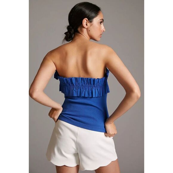Anthropologie Maeve Poplin Ruffle Top strapless size M Blue - Picture 2 of 10